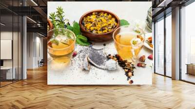 Herbal tea assortment on dark background. Wall mural