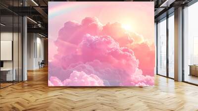 pink fluffy clouds, sun shining and rainbow illustration. banner of beautiful sky Wall mural