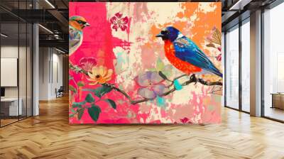 Pop art collage. Flowers, birds in the jungle. Wildlife banner Wall mural