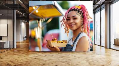 Street food festival banner. Happy young woman with pink hair holding a box. Wall mural