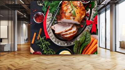 Traditional Christmas dinner on dark background. Wall mural