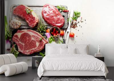 Variety of raw beef meat steaks for grilling. Wall mural