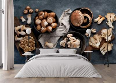 Variety of raw mushrooms on dark background. Vegan food cocnept. Top view, flat lay, copy space Wall mural