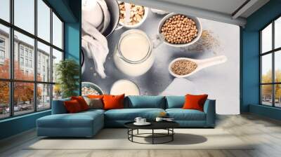 Various vegan plant based milk and ingredients. Wall mural