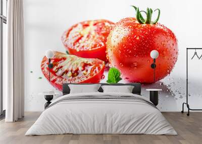 Whole and half tomato with water drops and leaves on white background. Concept of vegetables. Wall mural