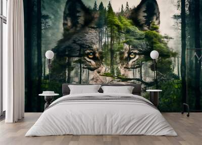 Wolf and forest. The concept of protecting wildlife and green planet. Generated AI Wall mural