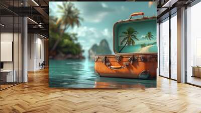 vacation travel time banner, open travel suitcase with exotic destination inside with copy space area Wall mural