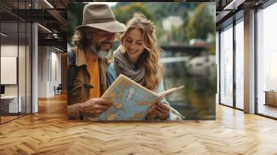 Young couple looking at map while on vacation during summer together Wall mural