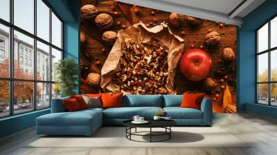 Apple and walnut, autumn abundance Wall mural