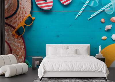 Summer holiday vacation beach accessories flat lay top view Wall mural