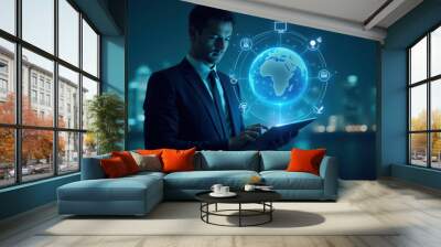 Businessman Using Tablet with Global Network Visualization Wall mural