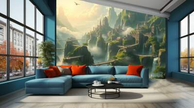 City in the Clouds with Waterfalls and Bridges Wall mural