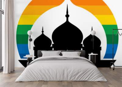 Mosque silhouette with a vibrant rainbow moon vector illustration. T-shirt design vector art. Wall mural