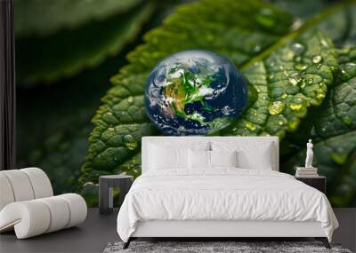 The world in water drop on leaves background. Water drop after rain idea of water conservation, the protection of earth and environment. Wall mural