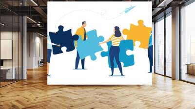 Business concept of teamwork, cooperation. People holding puzzle elements. Vector illustration.. Wall mural