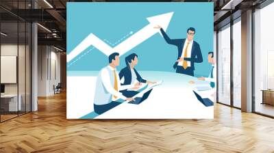 Business meeting. Manager presents business plan. The team is sitting at the table. Vector illustration. Wall mural