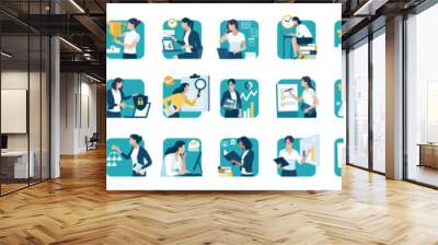 Business people, business work, office workers. Set of 25 square shaped, flat style business vector illustrations. Wall mural