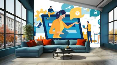 Call center. Customer service, hotline operators with headsets. Online technical support 24 h, Vector illustration. Wall mural