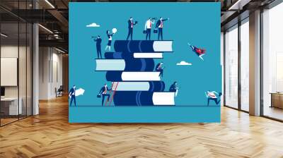 Career and employee concept. The business team is working on a large stack of books. Business vector illustration. Wall mural