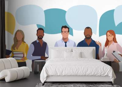 Discussion, meeting. The team at work and speech bubbles. Business vector flat illustration. Wall mural