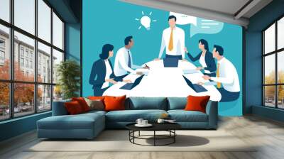 Discussion of the idea. The team is talking about a new idea. Vector illustration. Wall mural