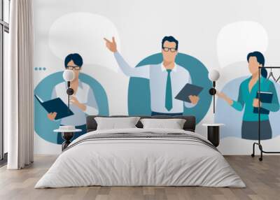 Discussion. Communication concept. Business people talking standing in the speech bubbles. Vector illustration.  Wall mural