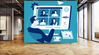 Distance working. The manager communicates with colleagues via a computer network. Business vector illustration Wall mural