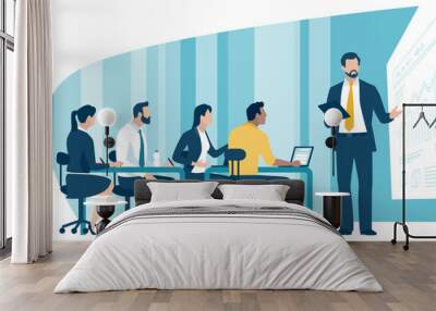 Education, presentation meeting. The business team listens to the teacher, male leader. Vector illustration. Wall mural