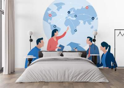 Global trade, investing. The business team sits at a table in the shape of an arrow pointing to a globe. Business vector illustration.
 Wall mural