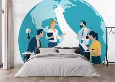 Global trade, investing. The business team stands at a table in the shape of an rising arrow pointing to a globe. Business vector illustration.
 Wall mural