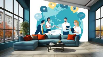 Global trade, investing. The team discusses in front of globe and business icins. Business vector illustration. 
 Wall mural