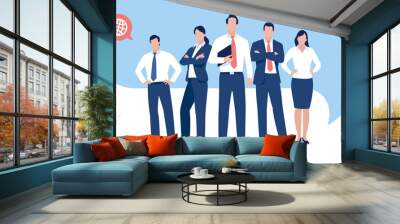 Ready to work. Leader and his team in front of part of the speech bubble. Web template. Business vector illustration.  Wall mural