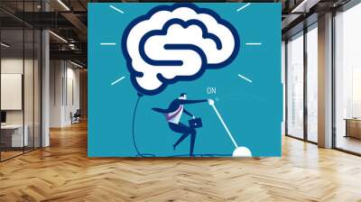 Switch On. Businessman switching on symbol of a brain. Business concept vector illustration. Wall mural