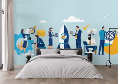 Team cooperation and startup concept. Large group wide format. Business vector illustration. . Wall mural