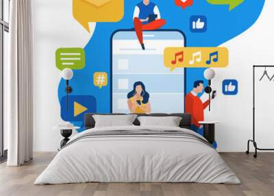 The flow of entertainment. People consuming internet content. Mobile communication and social network concept. Vector illustration of a young people using devices.. Wall mural