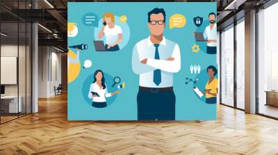 The leader. Employees on circles, business icons. Team cooperation concept. Business vector illustration.  Wall mural