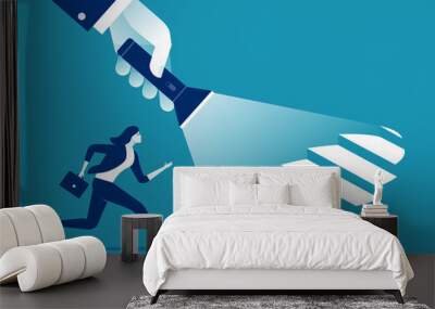 Uncovering career steps. A hand holding a flashlight uncovering hidden stairs. Business vector illustration. Wall mural