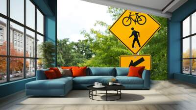 Bike and walking trail yellow traffic sign Wall mural