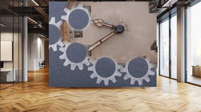 Panta rhei concept: antique, old, vintage pocket watch and hour metal gears on natural stone background Wall mural