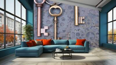 Panta rhei concept: old antique metallic keys and hour gears like art texture, background Wall mural