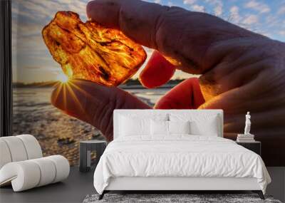 male hand holds recently found amber against the sun Wall mural