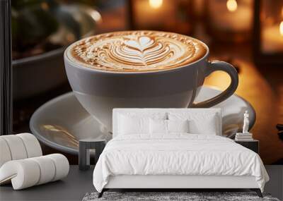 Cappuccino coffee in white ceramic cupon white plate on wooden table, dinner light. Wall mural