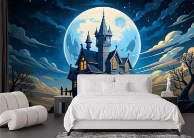 A haunted Halloween house in the forest on winter nights. Wall mural