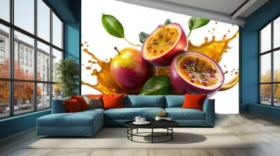 passion fruit skices and juice splash in the background, illustration, without background, transparent Wall mural