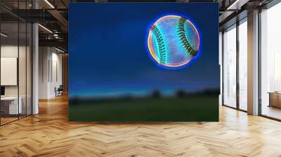 Neon baseball ball in the air. Close-up. Night time Wall mural