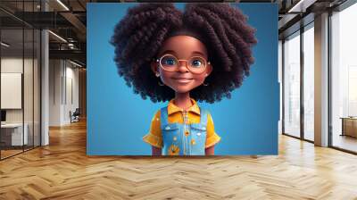 3d cartoon character cute girl smiling beautiful african afro hair, on blue background, image ai midjourney generated Wall mural