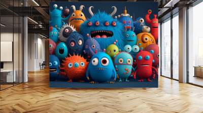 3d cartoon character cute set of monsters group on blue background, image ai midjourney generated Wall mural