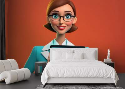 3d cartoon character cute smiling doctor woman with holding digital tablet on blue background, image ai midjourney generated Wall mural