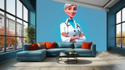 3d cartoon character cute smiling portrait of a doctor woman on blue background, image ai midjourney generated Wall mural