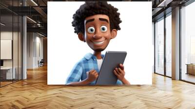 3D cartoon character happy smiling black young man holding tablet computer, isolated on white and transparent background, ai generate  Wall mural